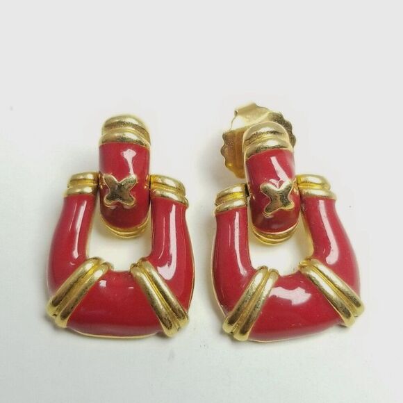 Vintage Avon Earrings Red Enamel and Gold Tone Door Knocker Style stud Dangle - Picture 1 of 7